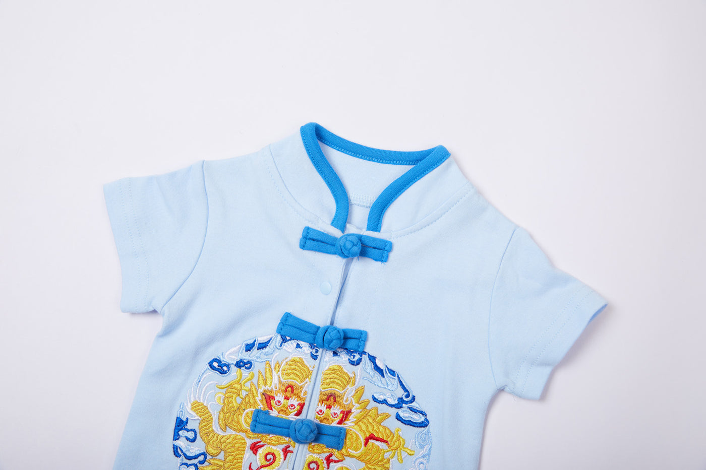 Baby Light Blue Cheongsam Romper Blue Auspicious Clouds Gold Dragon - Little Kooma