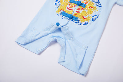 Baby Light Blue Cheongsam Romper Blue Auspicious Clouds Gold Dragon - Little Kooma