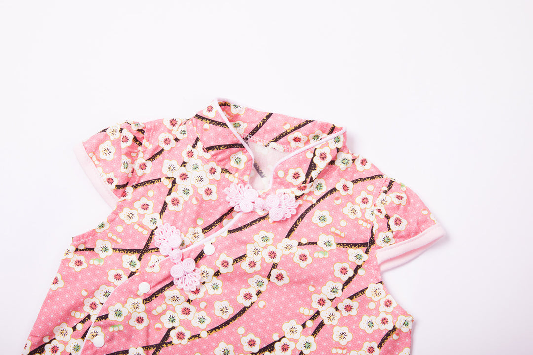 Baby Girl Cheongsam Romper Pink w White Plum Flowers - Little Kooma
