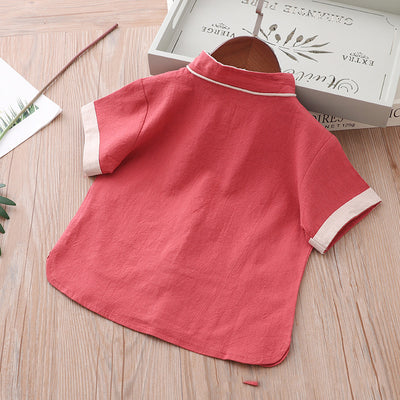 [KB08] Kids Boys Cheongsam Set Top n Shorts Embroidered Crane n Auspicious Clouds CNY Chinese New Year Outfit - Little Kooma