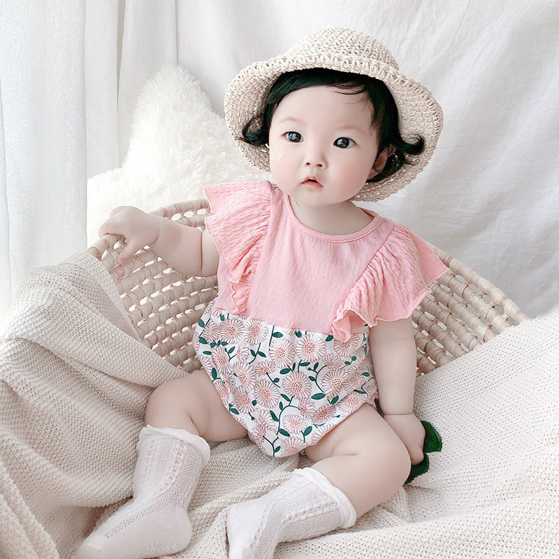 [ZBG13] Baby Girl Splicing Floral Bodysuit Ruffled Sleeves White Chrysanthemum - Little Kooma