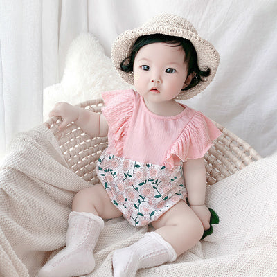 [ZBG13] Baby Girl Splicing Floral Bodysuit Ruffled Sleeves White Chrysanthemum - Little Kooma