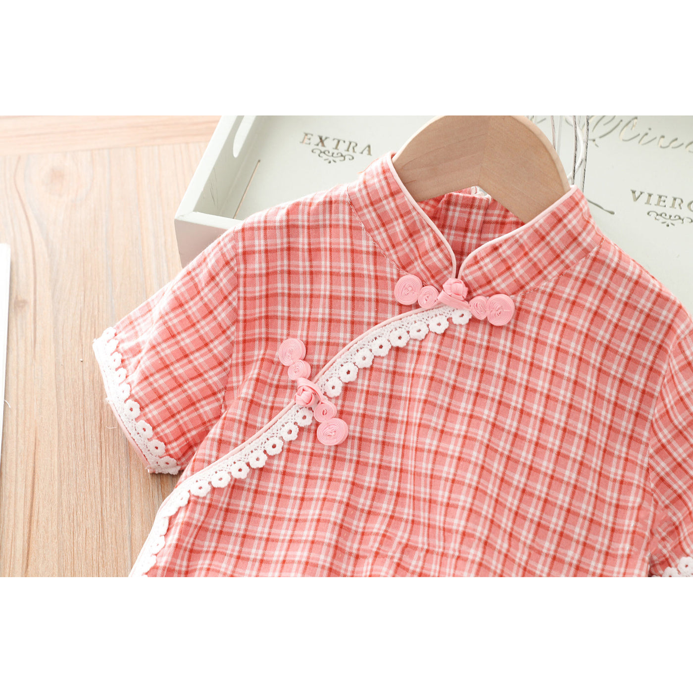 [KG01] Kids Girls Lace Trim Plaid Cheongsam Dress n Sling Bag CNY Chinese New Year Outfit - Little Kooma