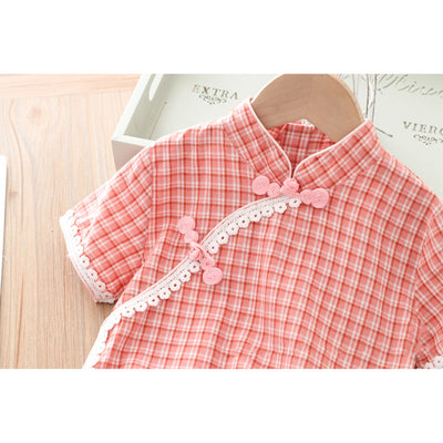 [KG01] Kids Girls Lace Trim Plaid Cheongsam Dress n Sling Bag CNY Chinese New Year Outfit - Little Kooma
