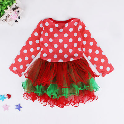 Girl's Christmas Outfit Long Sleeve Red Dots Voile Dress - 1125 - Little Kooma