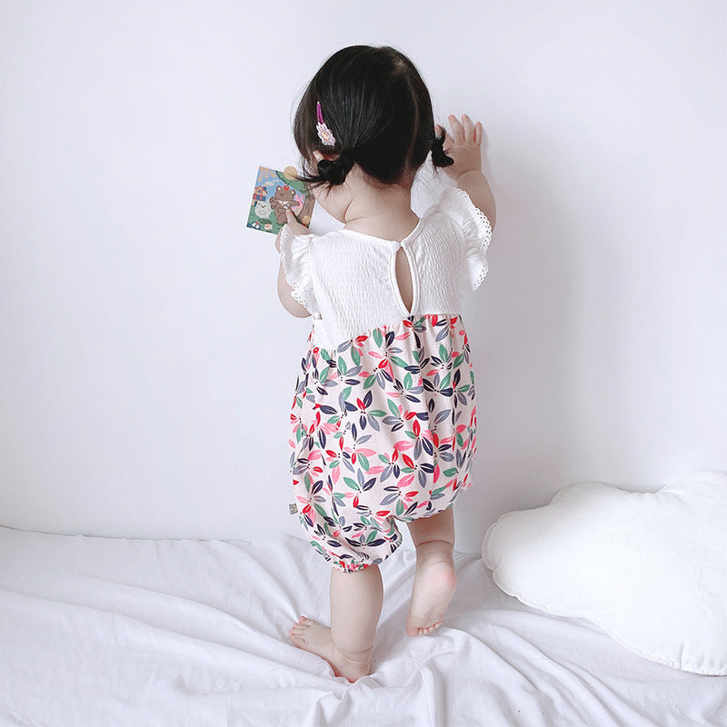 [ZBG12] Baby Girl Floral Splicing Romper Lace Ruffled Sleeves - Little Kooma