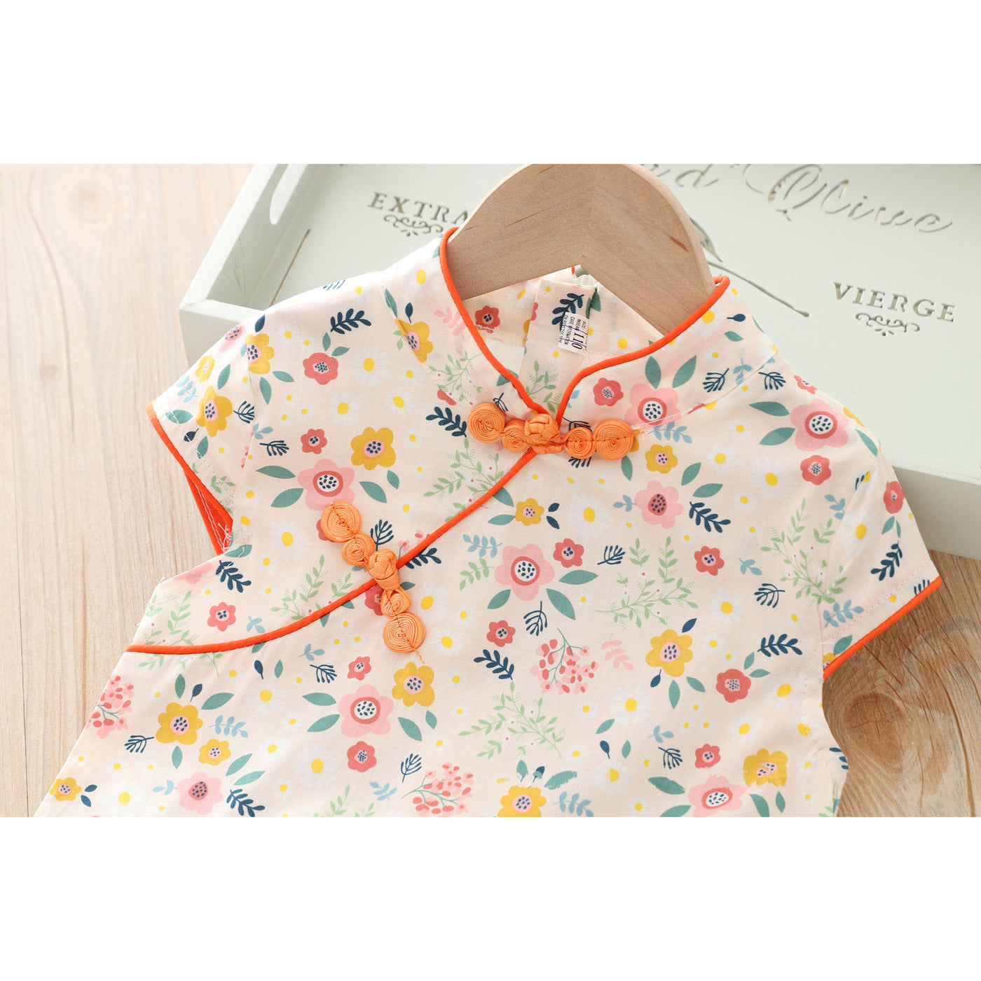 [KG04] Kids Girls Pink n Yellow Flowers Cheongsam Dress Cap Sleeves CNY Chinese New Year Outfit - Little Kooma