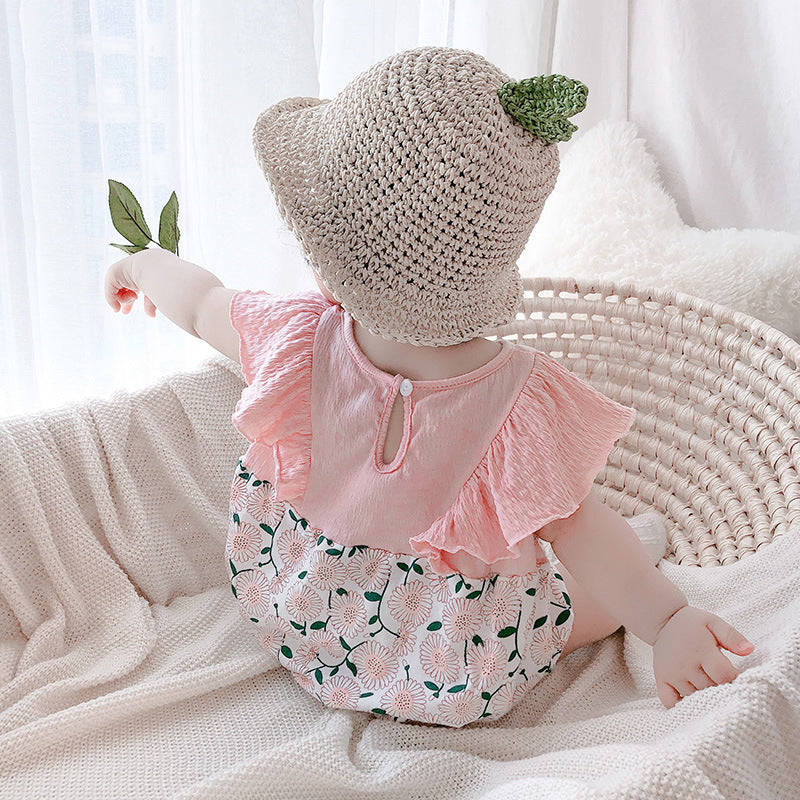 [ZBG13] Baby Girl Splicing Floral Bodysuit Ruffled Sleeves White Chrysanthemum - Little Kooma