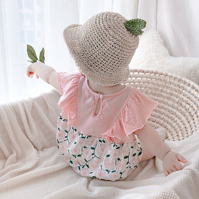[ZBG13] Baby Girl Splicing Floral Bodysuit Ruffled Sleeves White Chrysanthemum - Little Kooma