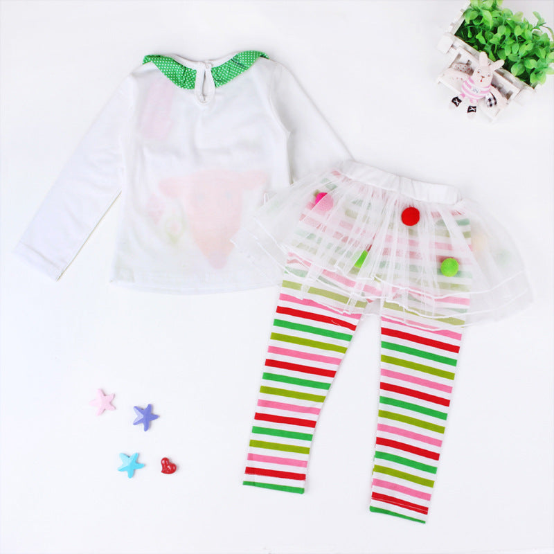Girl's Christmas Outfit Long Sleeve White Top w Elk n Voile Skirt Pants - 1125 - Little Kooma