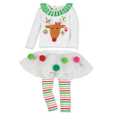 Girl's Christmas Outfit Long Sleeve White Top w Elk n Voile Skirt Pants - 1125 - Little Kooma