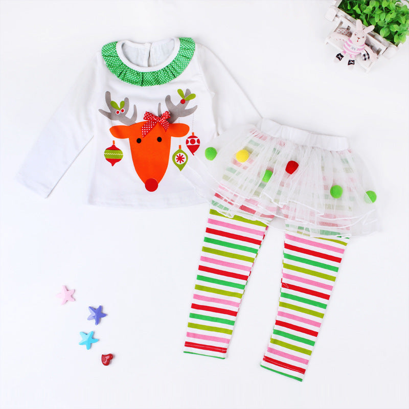 Girl's Christmas Outfit Long Sleeve White Top w Elk n Voile Skirt Pants - 1125 - Little Kooma