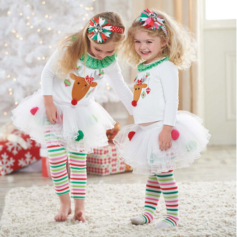 Girl's Christmas Outfit Long Sleeve White Top w Elk n Voile Skirt Pants - 1125 - Little Kooma