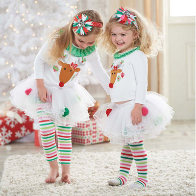 Girl's Christmas Outfit Long Sleeve White Top w Elk n Voile Skirt Pants - 1125 - Little Kooma