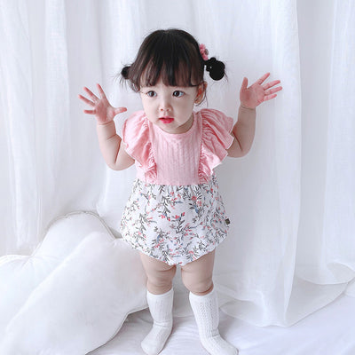 [ZBG10] Baby Girl Splicing Floral Bodysuit Ruffled Sleeves Little Flowers - Little Kooma