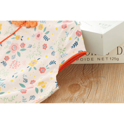 [KG04] Kids Girls Pink n Yellow Flowers Cheongsam Dress Cap Sleeves CNY Chinese New Year Outfit - Little Kooma
