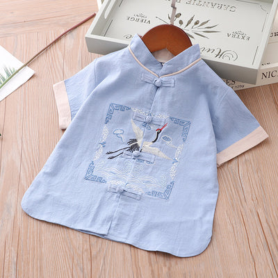 [KB08] Kids Boys Cheongsam Set Top n Shorts Embroidered Crane n Auspicious Clouds CNY Chinese New Year Outfit - Little Kooma