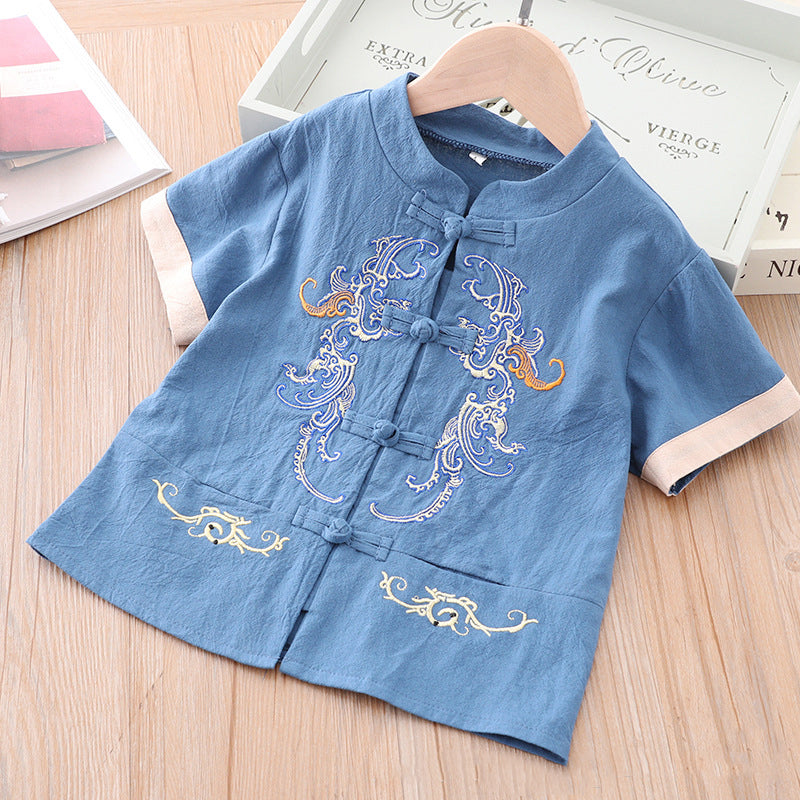 [KB03] Kids Boys Cheongsam Set Top n Shorts Blue Embroidered Dragons CNY Chinese New Year Outfit - Little Kooma
