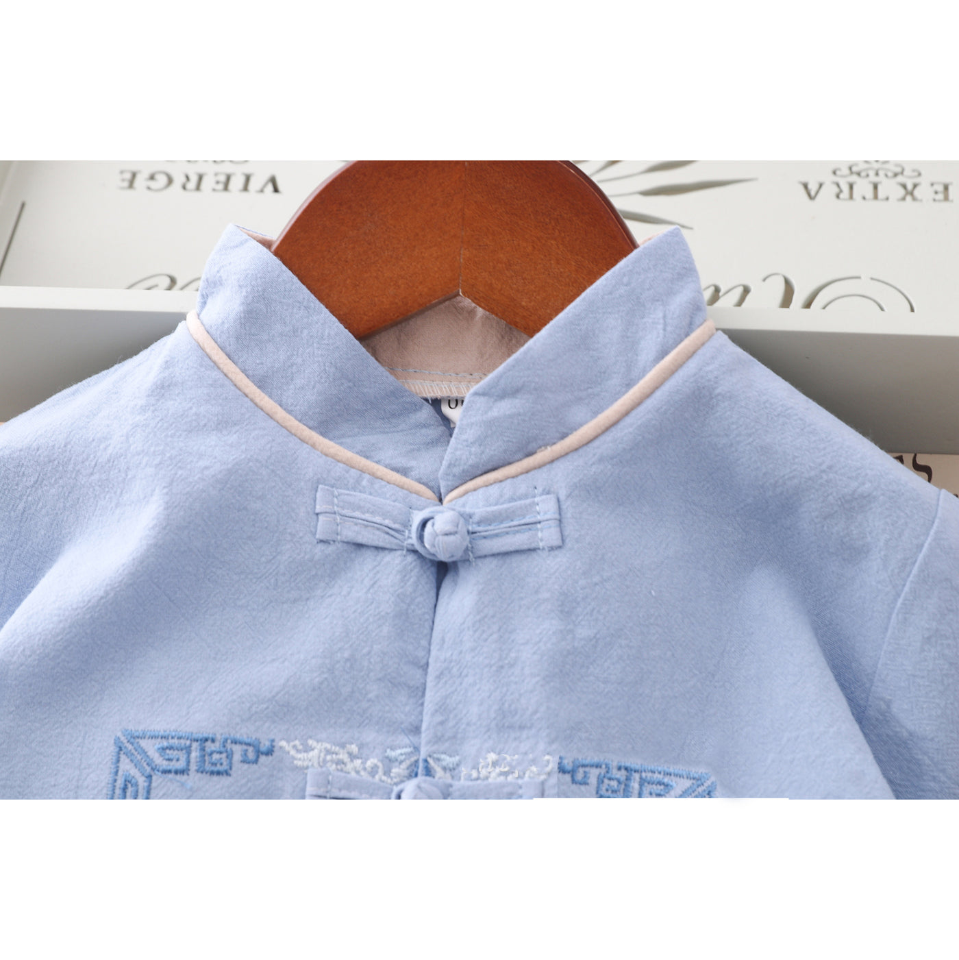 [KB08] Kids Boys Cheongsam Set Top n Shorts Embroidered Crane n Auspicious Clouds CNY Chinese New Year Outfit - Little Kooma