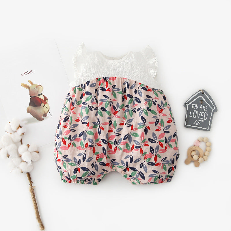 [ZBG12] Baby Girl Floral Splicing Romper Lace Ruffled Sleeves - Little Kooma
