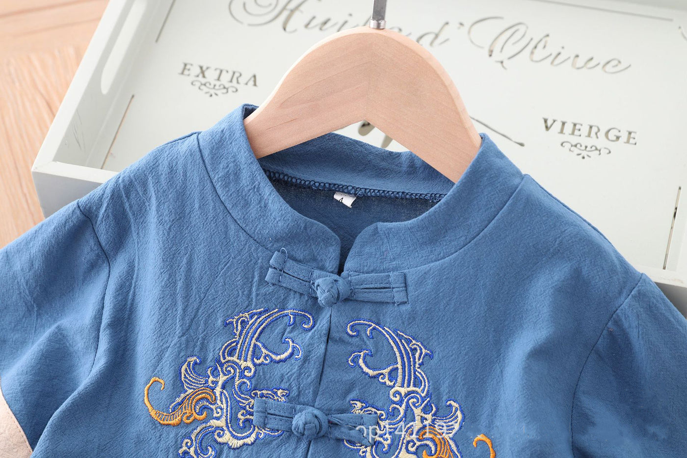 [KB03] Kids Boys Cheongsam Set Top n Shorts Blue Embroidered Dragons CNY Chinese New Year Outfit - Little Kooma