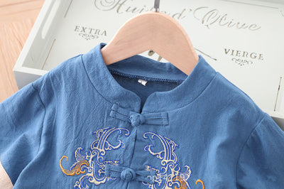 [KB03] Kids Boys Cheongsam Set Top n Shorts Blue Embroidered Dragons CNY Chinese New Year Outfit - Little Kooma
