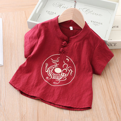 [KB05] Kids Boys Cheongsam Set Top n Shorts Embroidered Dragon n Gourd CNY Chinese New Year Outfit - Little Kooma