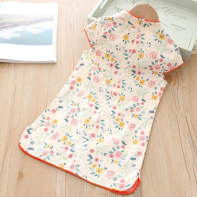 [KG04] Kids Girls Pink n Yellow Flowers Cheongsam Dress Cap Sleeves CNY Chinese New Year Outfit - Little Kooma