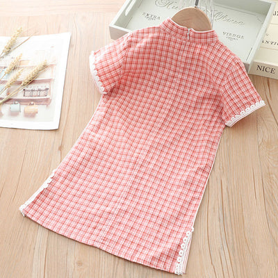 [KG01] Kids Girls Lace Trim Plaid Cheongsam Dress n Sling Bag CNY Chinese New Year Outfit - Little Kooma