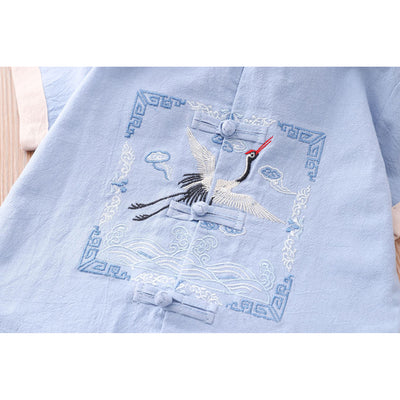 [KB08] Kids Boys Cheongsam Set Top n Shorts Embroidered Crane n Auspicious Clouds CNY Chinese New Year Outfit - Little Kooma