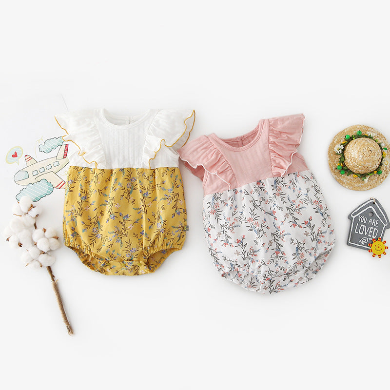 [ZBG10] Baby Girl Splicing Floral Bodysuit Ruffled Sleeves Little Flowers - Little Kooma