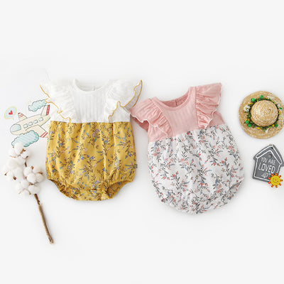[ZBG10] Baby Girl Splicing Floral Bodysuit Ruffled Sleeves Little Flowers - Little Kooma