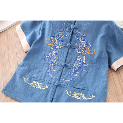 [KB03] Kids Boys Cheongsam Set Top n Shorts Blue Embroidered Dragons CNY Chinese New Year Outfit - Little Kooma