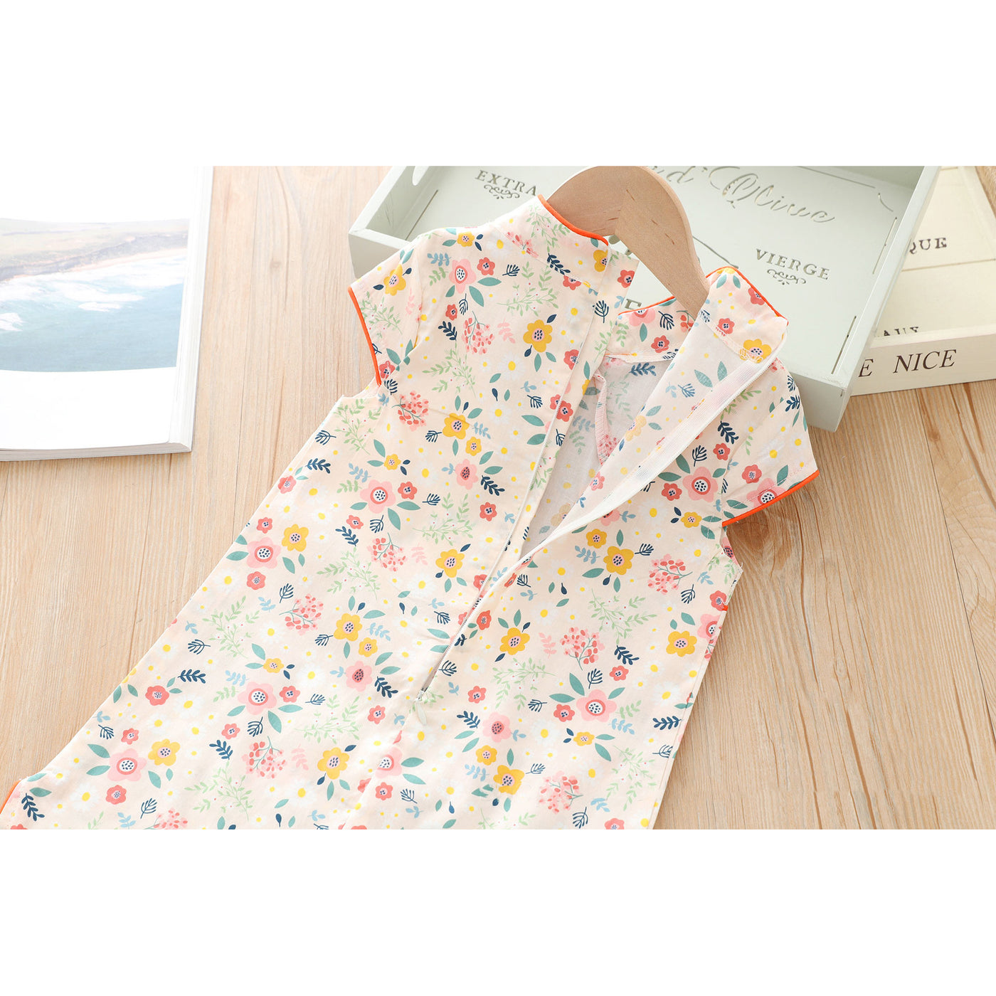 [KG04] Kids Girls Pink n Yellow Flowers Cheongsam Dress Cap Sleeves CNY Chinese New Year Outfit - Little Kooma