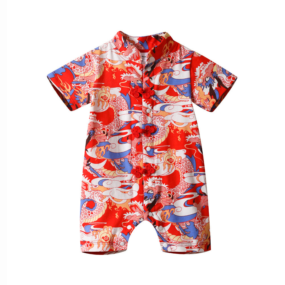 Baby Boy Blue n Red Cheongsam Romper w Dragon Prints - Little Kooma