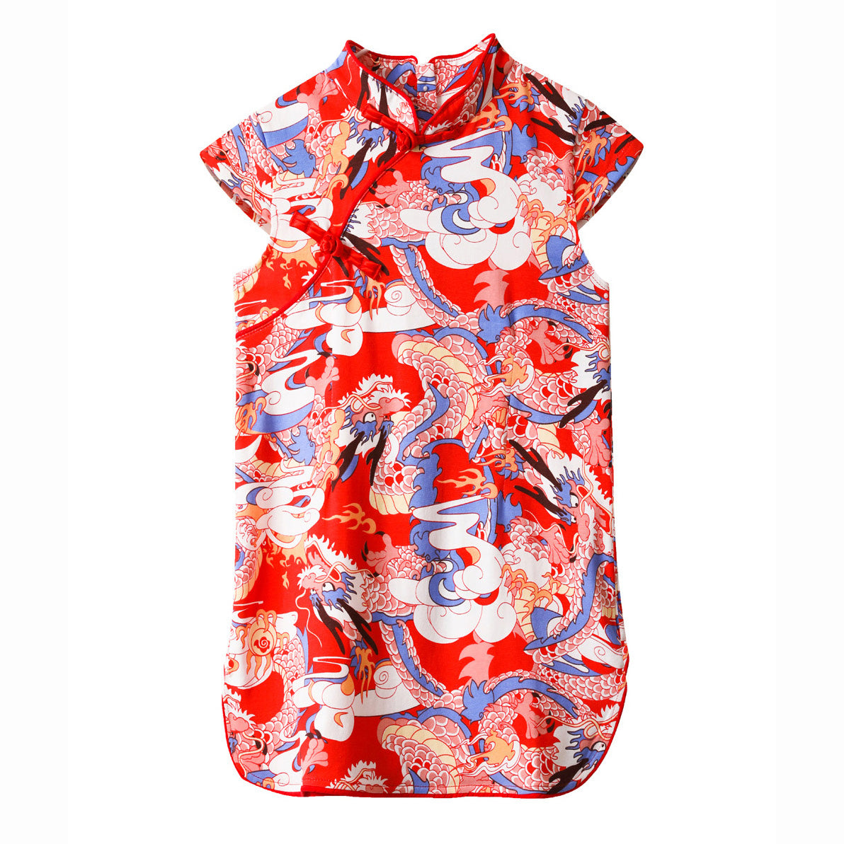 Baby Kids Girl Blue n Red Cheongsam Dress w Dragon Prints - Little Kooma