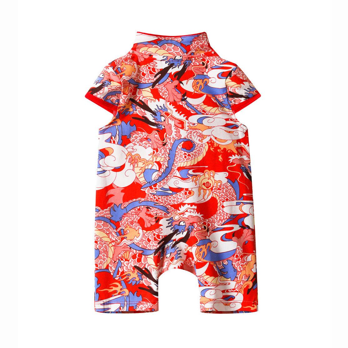 Baby Girl Blue n Red Cheongsam Romper w Dragon Prints - Little Kooma