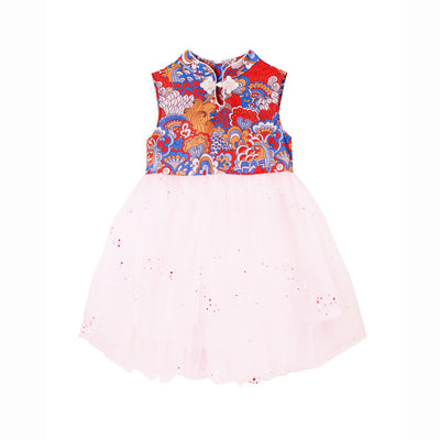 Baby Kids Girl Red Blue Auspicious Clouds Cheongsam Dress Pink Shining Voile Skirt - Little Kooma