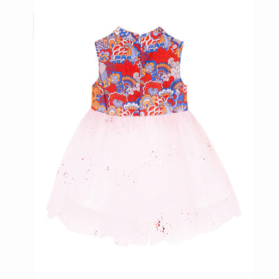 Baby Kids Girl Red Blue Auspicious Clouds Cheongsam Dress Pink Shining Voile Skirt - Little Kooma