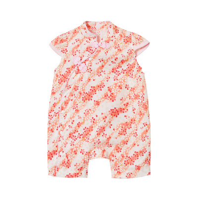 Baby Girl Cheongsam Romper Orange Stripes White n Red Flowers - Little Kooma