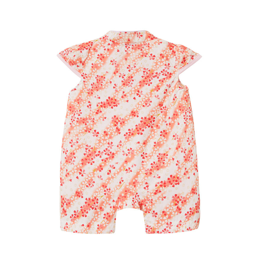 Baby Girl Cheongsam Romper Orange Stripes White n Red Flowers - Little Kooma