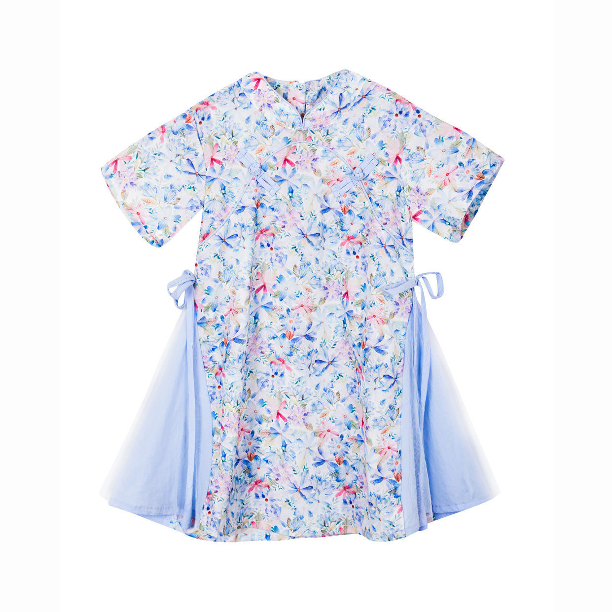 Baby Kids Girl Blue n Pink Flower Cheongsam Dress w Double Bowties n Side Voile Design - Little Kooma