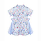 Baby Kids Girl Blue n Pink Flower Cheongsam Dress w Double Bowties n Side Voile Design - Little Kooma
