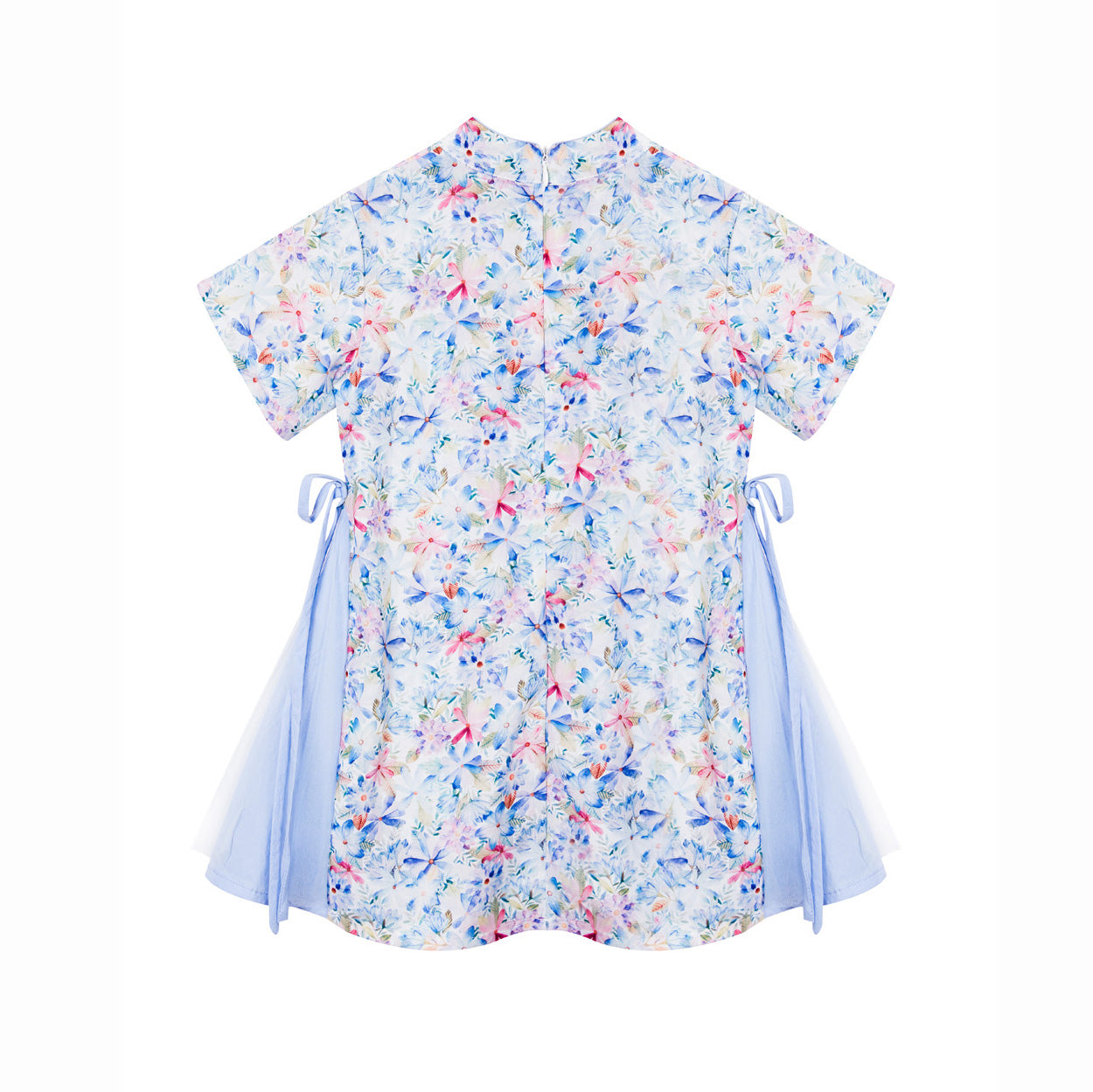 Baby Kids Girl Blue n Pink Flower Cheongsam Dress w Double Bowties n Side Voile Design - Little Kooma