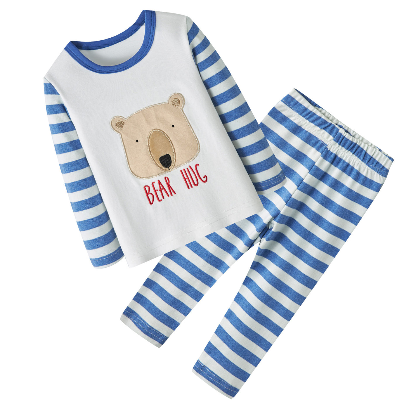 Baby Kids Pajamas Brown Bear White Top w Stripe Sleeves n Stripe Pants Set - Little Kooma