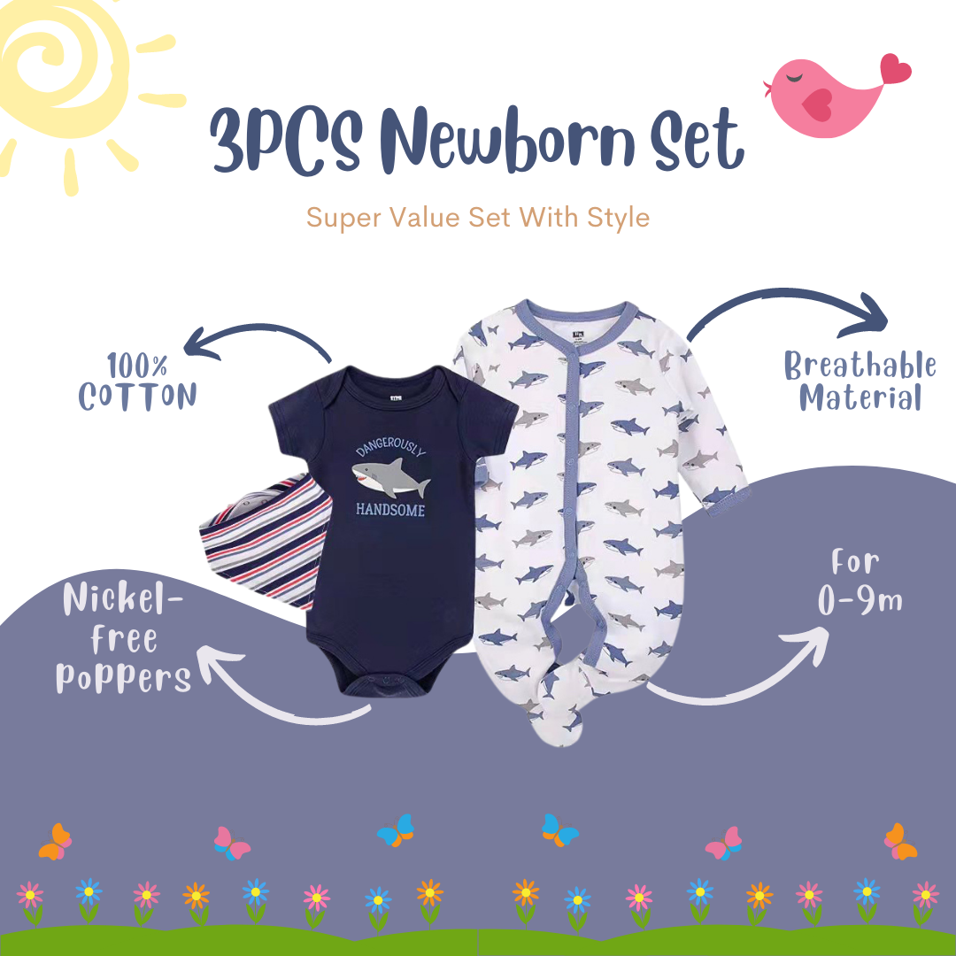 Hudson Baby Bodysuit Sleepsuit Bib 3 Piece Layette Set 01003CH Shark - Little Kooma