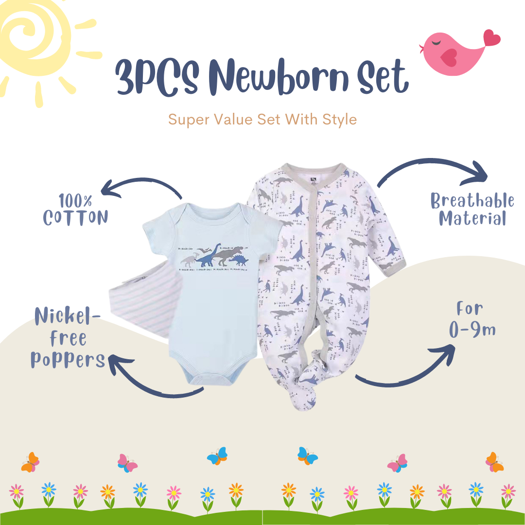 Hudson Baby Bodysuit Sleepsuit Bib 3 Piece Layette Set 01006CH Dino - Little Kooma