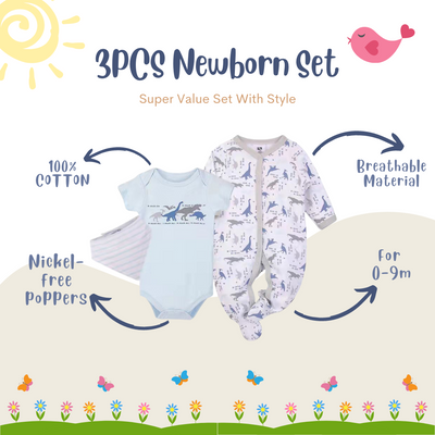 Hudson Baby Bodysuit Sleepsuit Bib 3 Piece Layette Set 01006CH Dino - Little Kooma