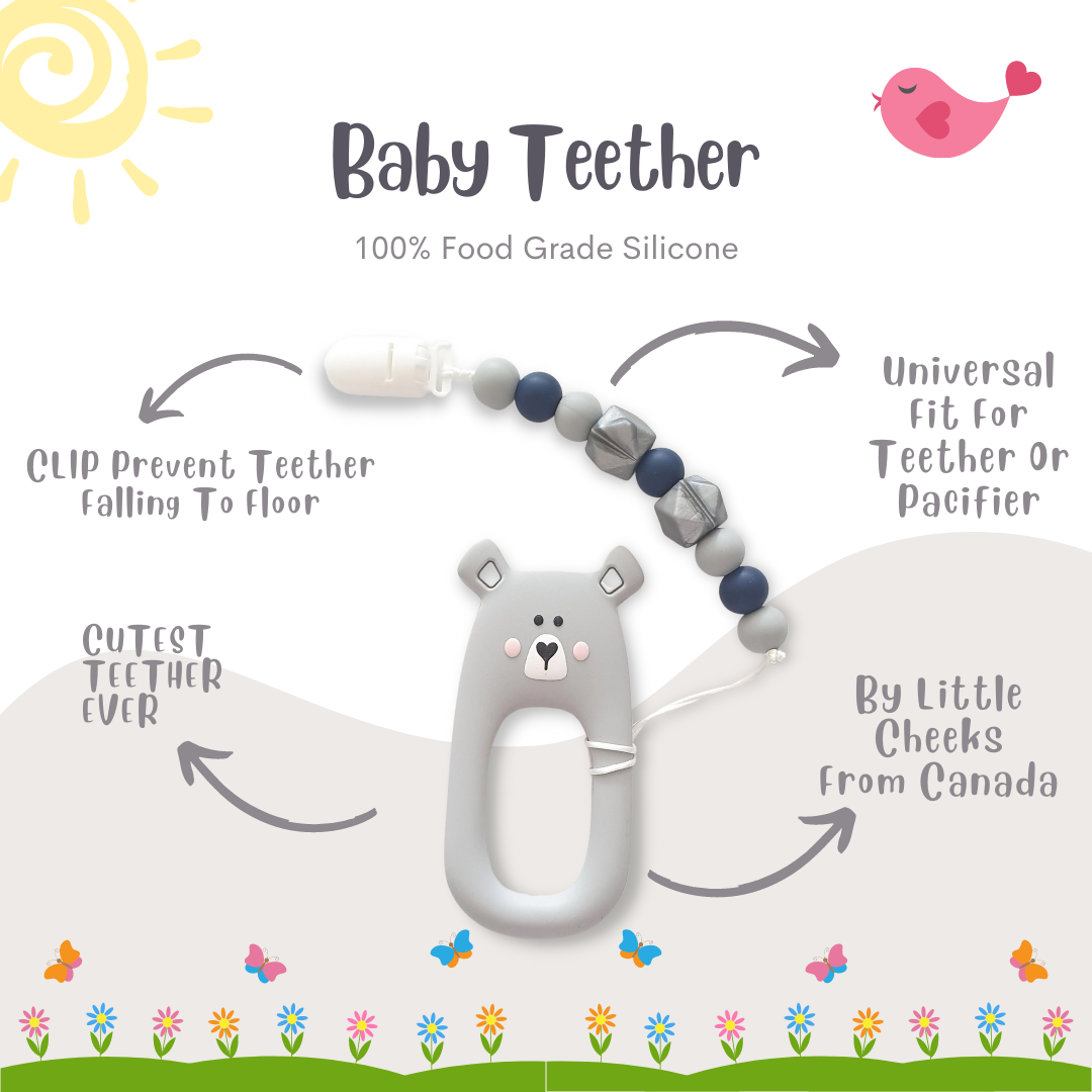 Baby Teether Set Grey Bear Silicone Teether Set By Little Cheeks - Little Kooma