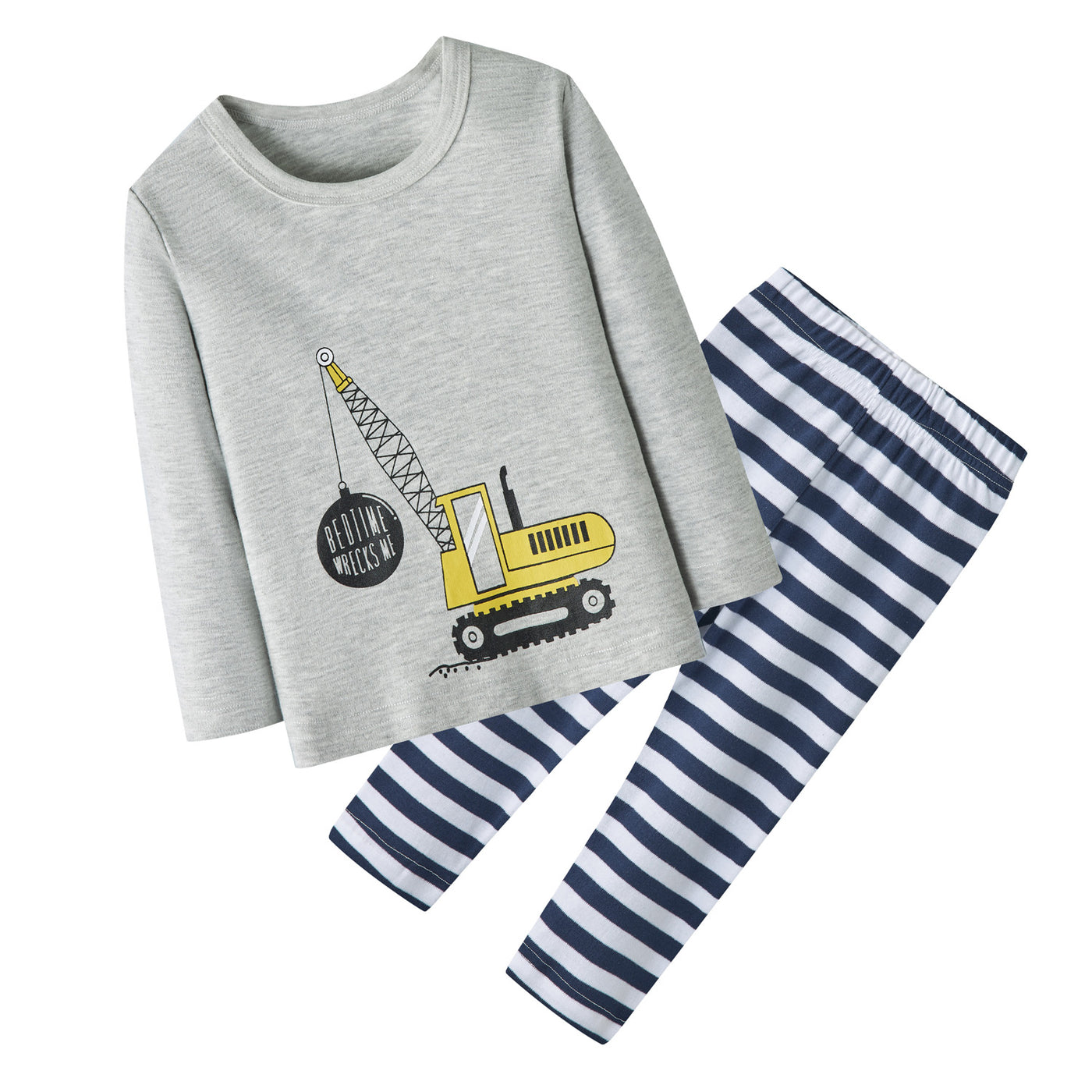 Baby Kids Pajamas Crane Grey Top n Stripe Pants Set - Little Kooma